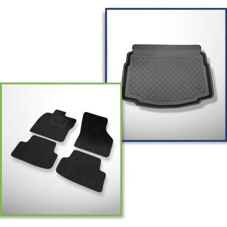 Ensemble: tapis velours + tapis de coffre pour Volkswagen Golf VII (10.2012-12.2019) 3 porte, 5 porte - Guardliner - avec roue de secours à usage temporaire / kit de réparation ; sur le coffre supérieur et inférieur